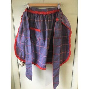 Vintage APRON Blue Denim red chenille trim pocket half apron Farmhouse